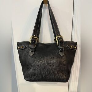 Vintage Kelle Pollock Pebbled Black Leather Tote with Solid Brass Accents